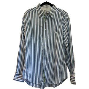Robert Graham Blue White and Green Striped Button Down Shirt size L EUC
